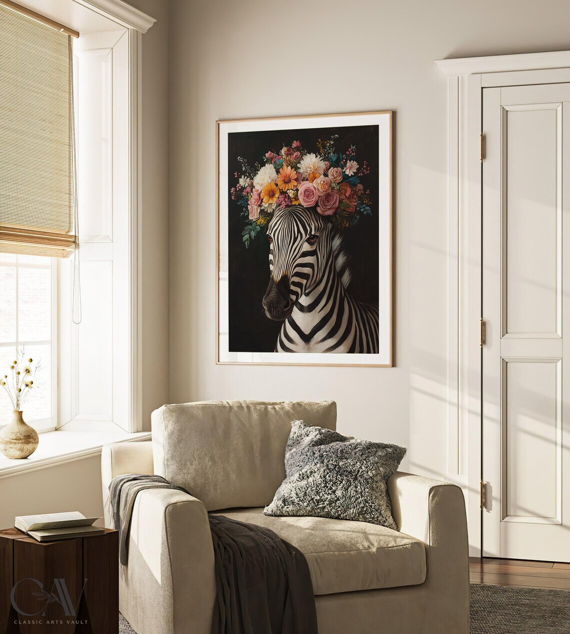 Zebra Flower Crown Maximalist Floral Animal Portrait Wall Art - Image 3