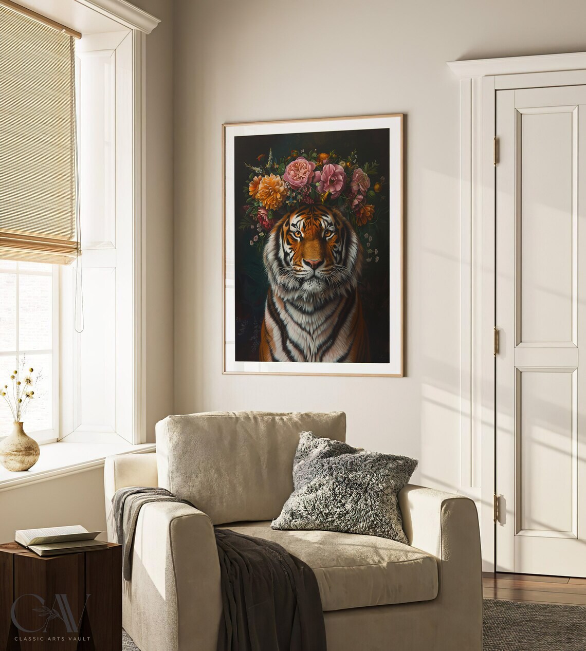 Tiger Wearing Rose Floral Crown Dark Botanical Portrait Poster - Image 3