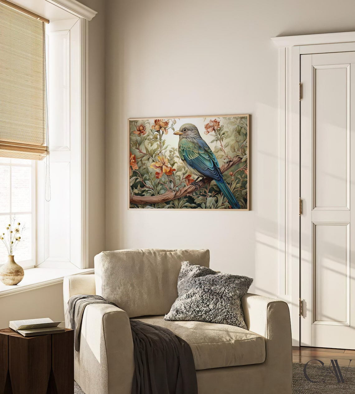 Teal Bird on a Branch Among Blush Blossoms Botanical Wall Art - Image 2
