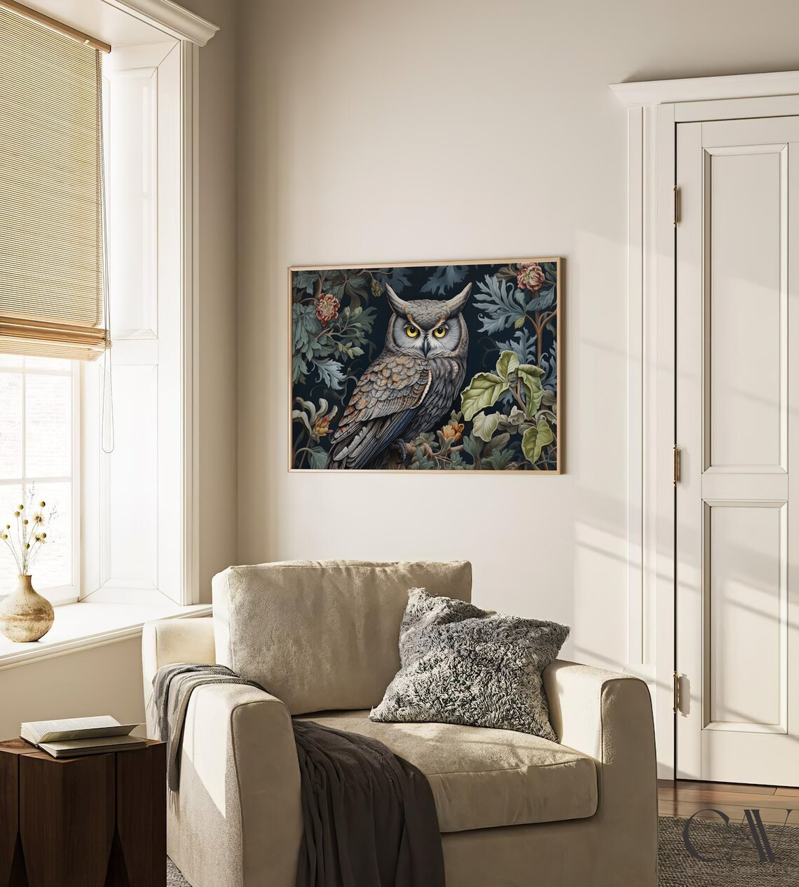 Great Horned Owl Among Dark Floral Vines Botanical Wildlife Art Poster - Image 3