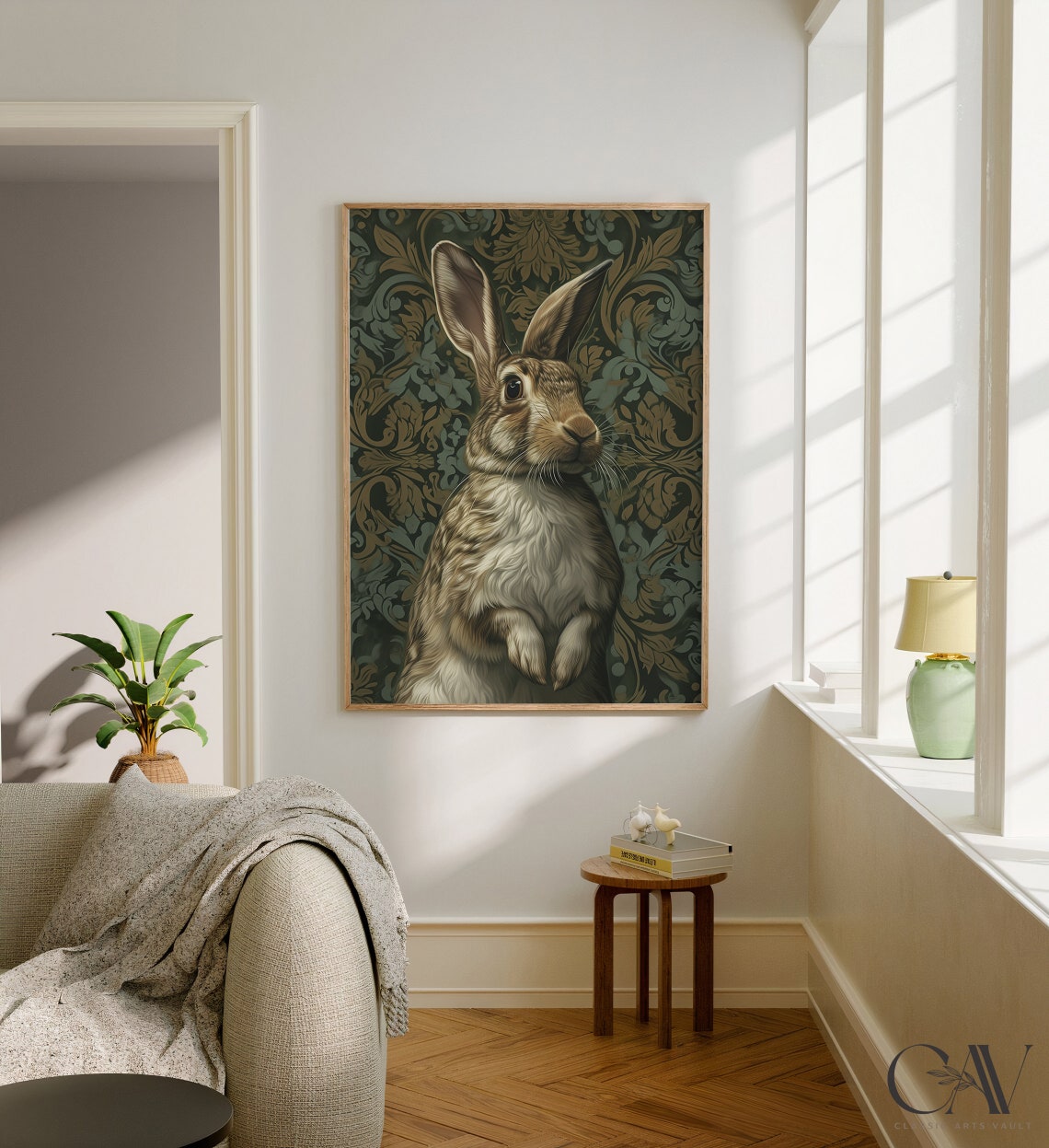 Bunny Rabbit Portrait Dark Botanical Vintage Oil Paint Poster - Image 2