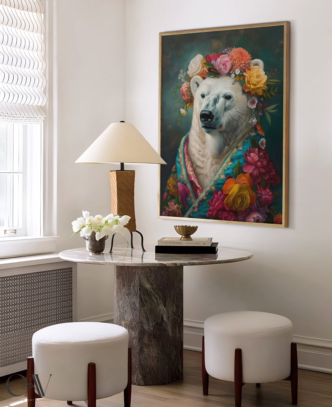 Sweet Polar Bear Flower Crown Portrait Floral Teal Cape Wall Art - Image 4