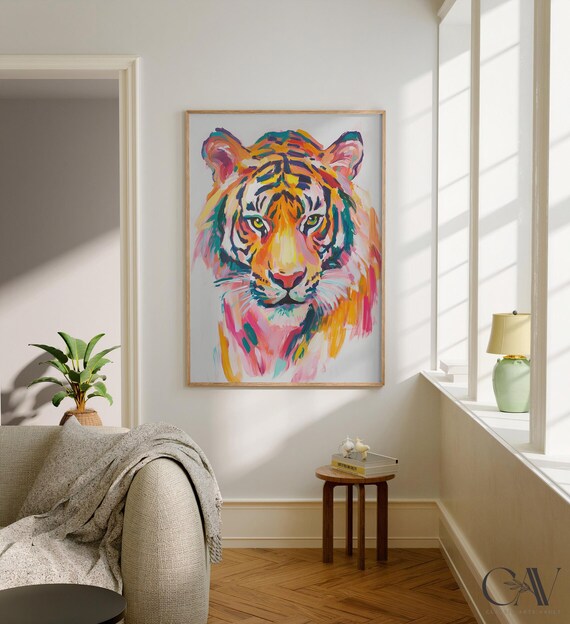 Colorful Tiger Face Close Up Painting in Vivid Brushstrokes Poster