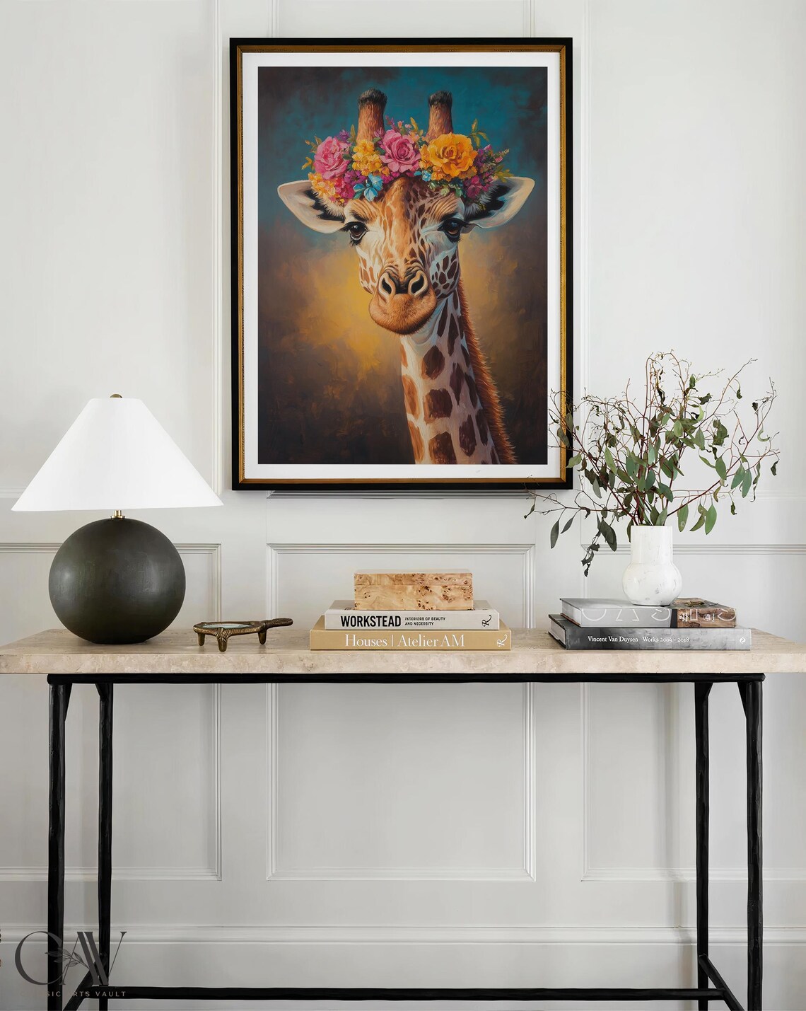 Giraffe With Floral Crown on Teal Gold Background Art Poster - Image 4