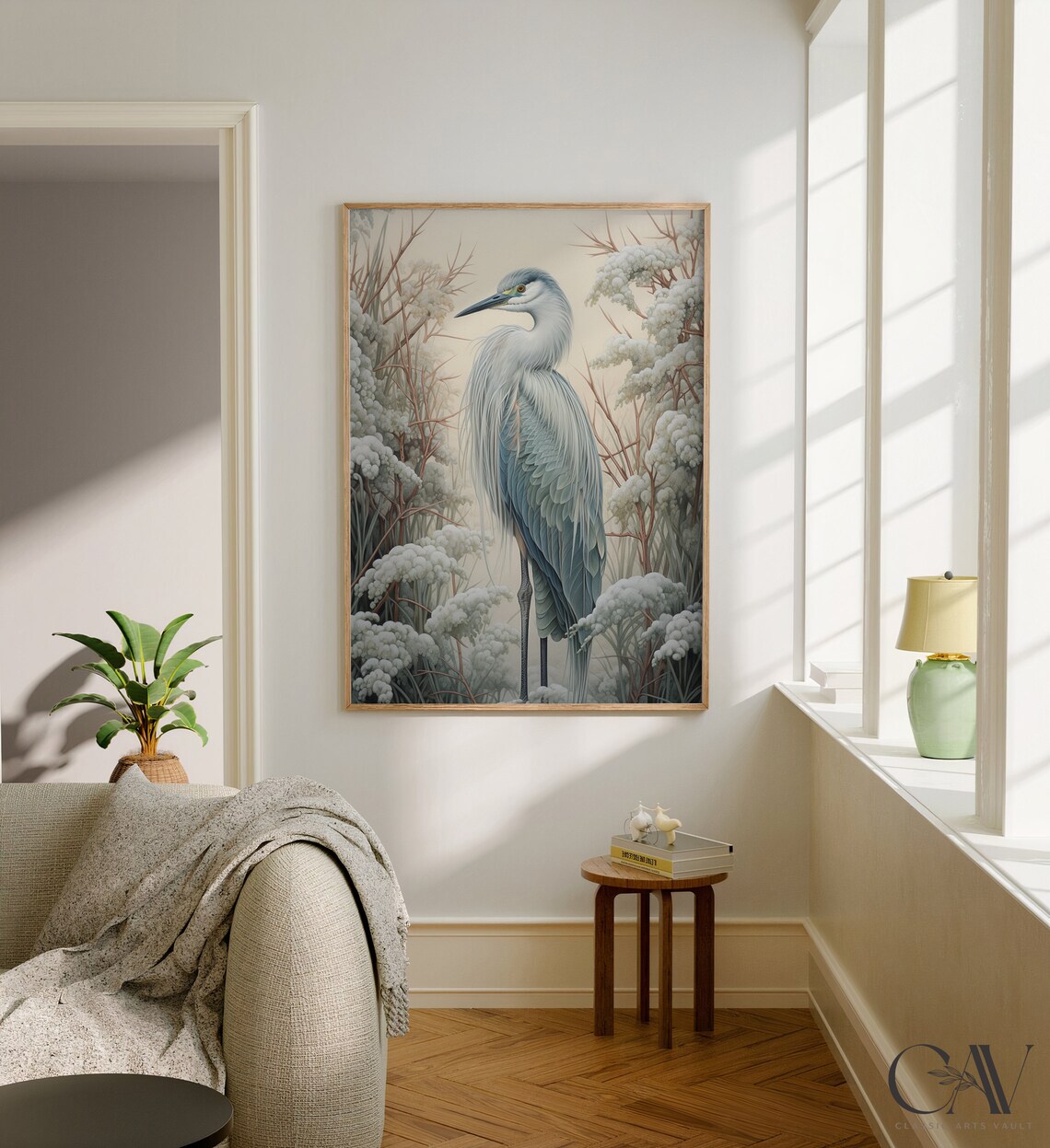 William Morris-Inspired Crane Bird Winter Art Print - Image 3