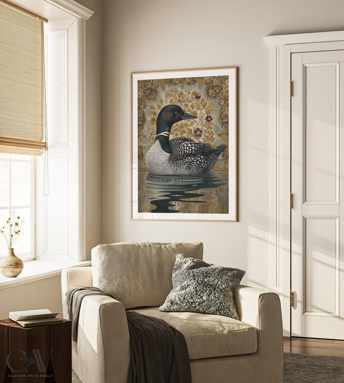 William Morris Style Loon Bird Gold Botanical Lake Scene Wall Art - Image 3