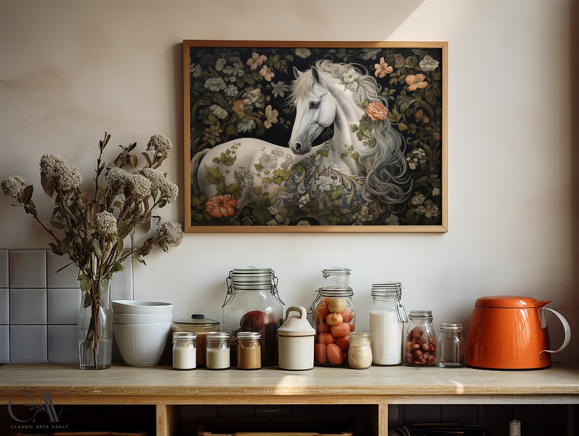 White Horse Floral Garland Dark Botanical Vintage Art Poster - Image 4