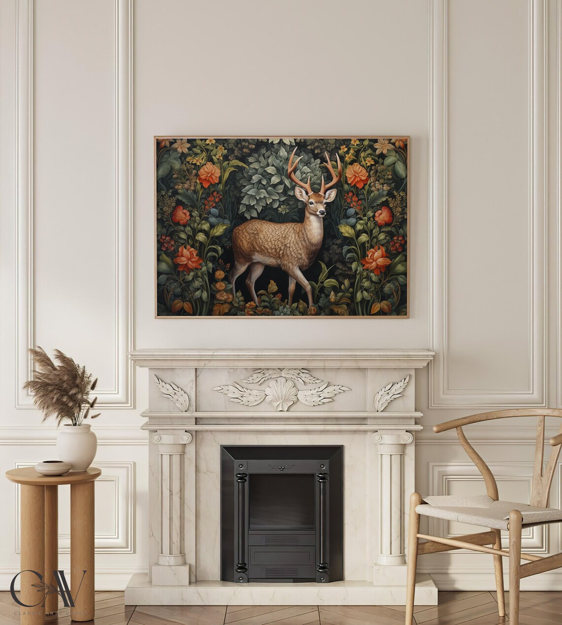 Deer Buck with Antlers Dark Millefleur Floral Tapestry Poster - Image 3