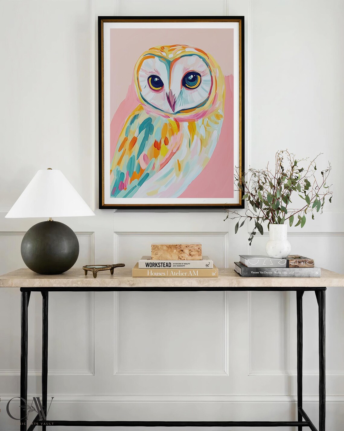 Barn Owl Colorful Brushstroke Portrait Pink Background Wall Art - Image 3