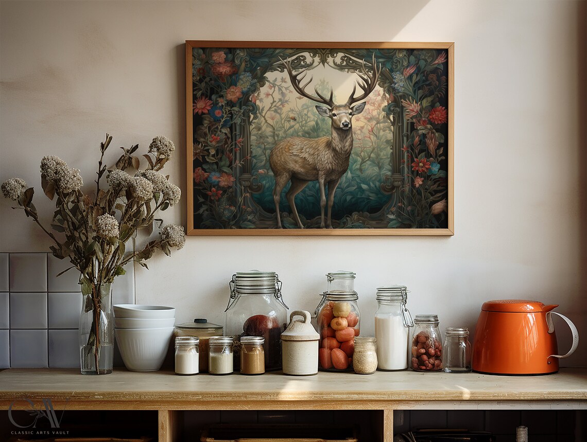 Majestic Stag Deer With Antlers In Dark Floral Woodland Poster - Image 4