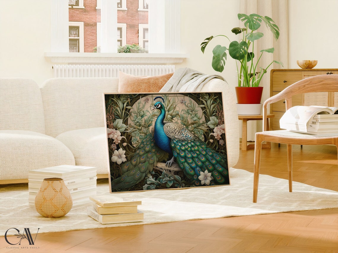 Peacock With Full Tail In Ornate Vintage Garden Scene Poster
