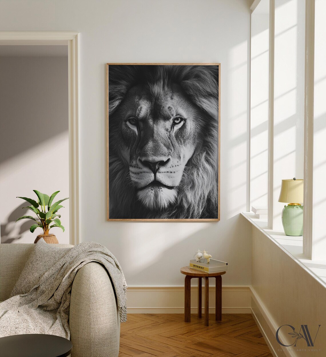 Majestic Lion Face Black and White Close Up Portrait Wall Art - Image 2