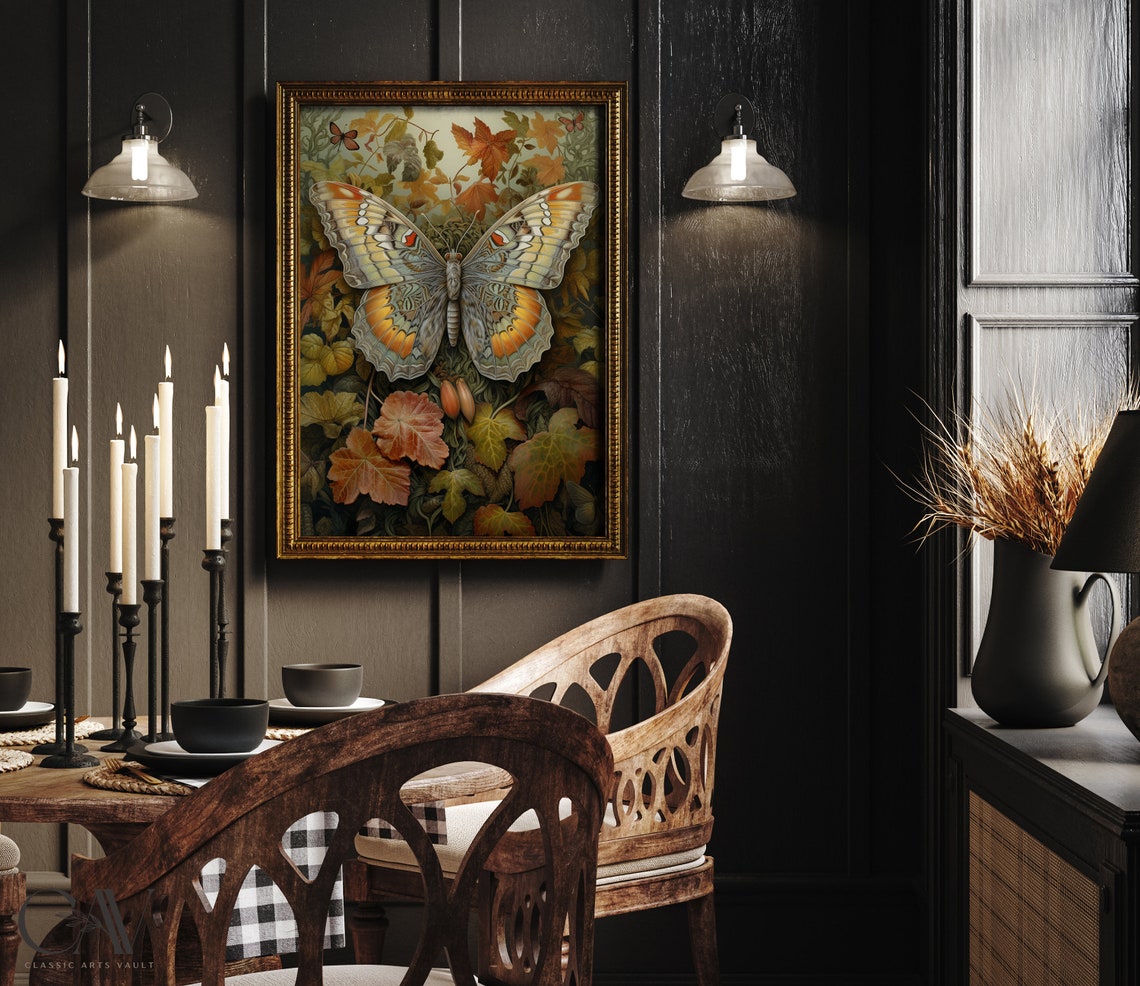 Large Grey Butterfly With Amber Wings Among Autumn Leaves Poster - Image 2