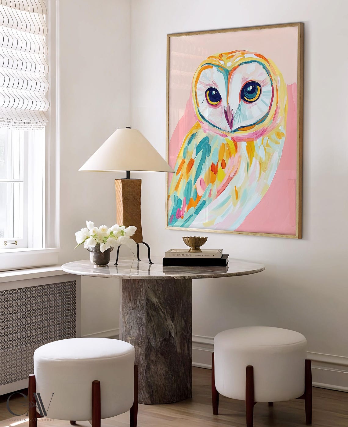 Barn Owl Colorful Brushstroke Portrait Pink Background Wall Art - Image 4