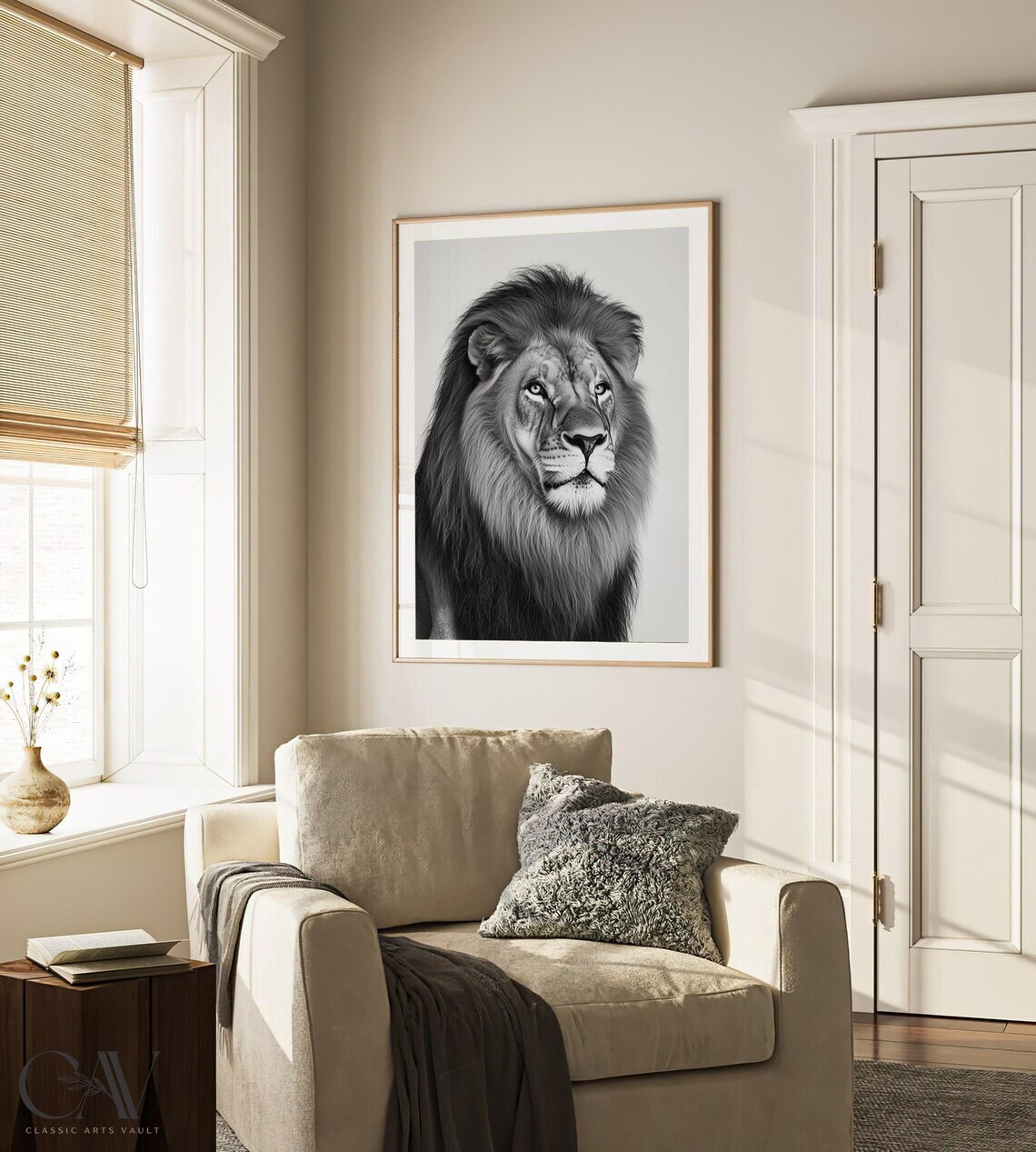 Male Lion With Full Mane Black and White Portrait Animal Wall Art - Image 3