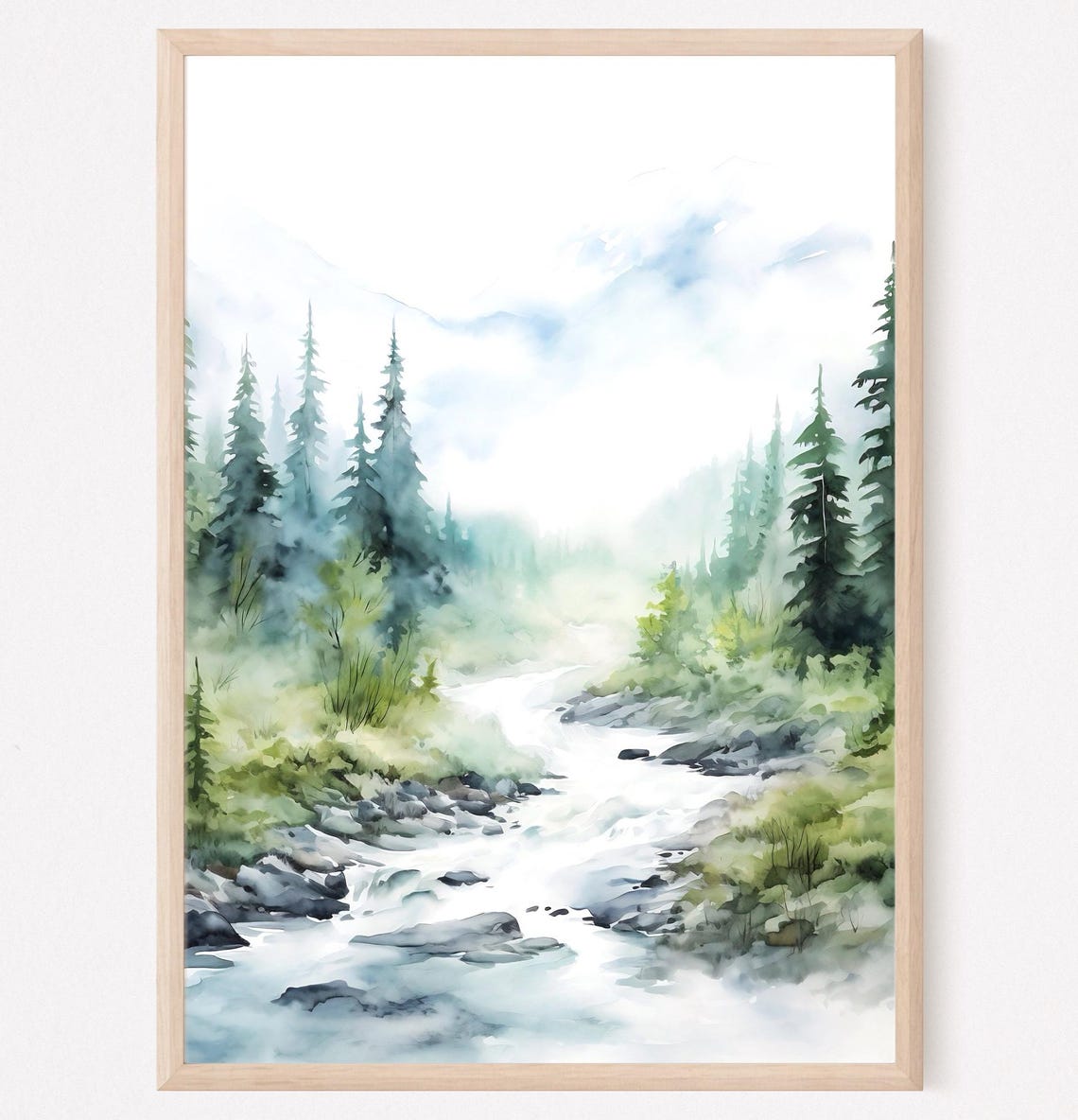 Mountain Stream Watercolor Rushing Creek Pine Forest Peaks Poster