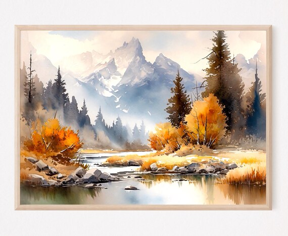 Autumn Mountain Lake Rocky Shoreline Snow Peaks Watercolor Nature Poster