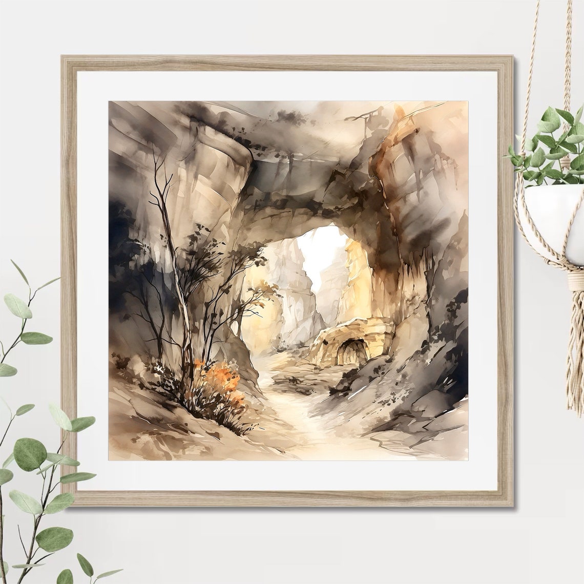 Sepia Desert Canyon Watercolor with Rock Arch and Bare Trees Poster - Image 2