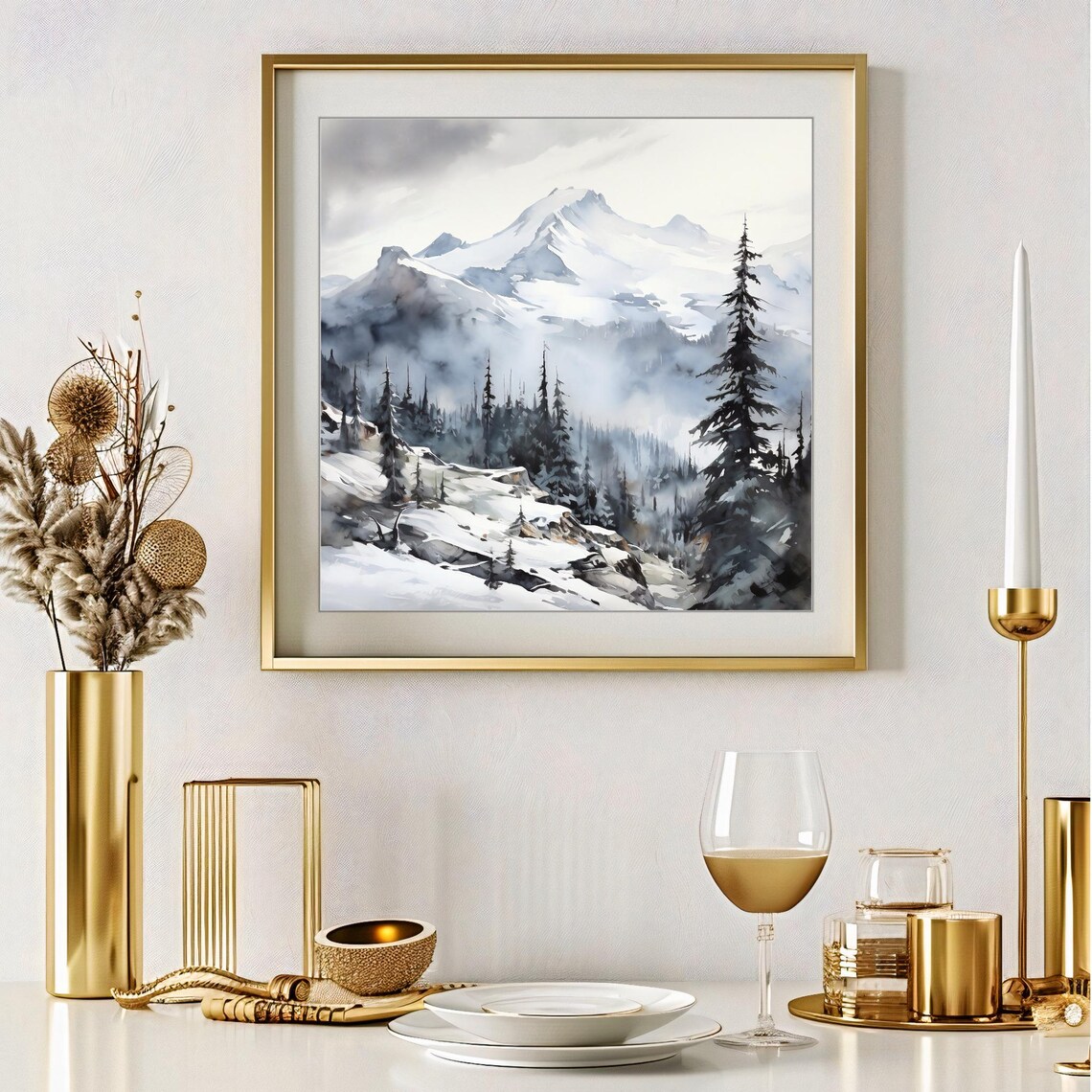 Snowy Alpine Peaks Dark Pines Misty Winter Watercolor Mountain Poster - Image 2