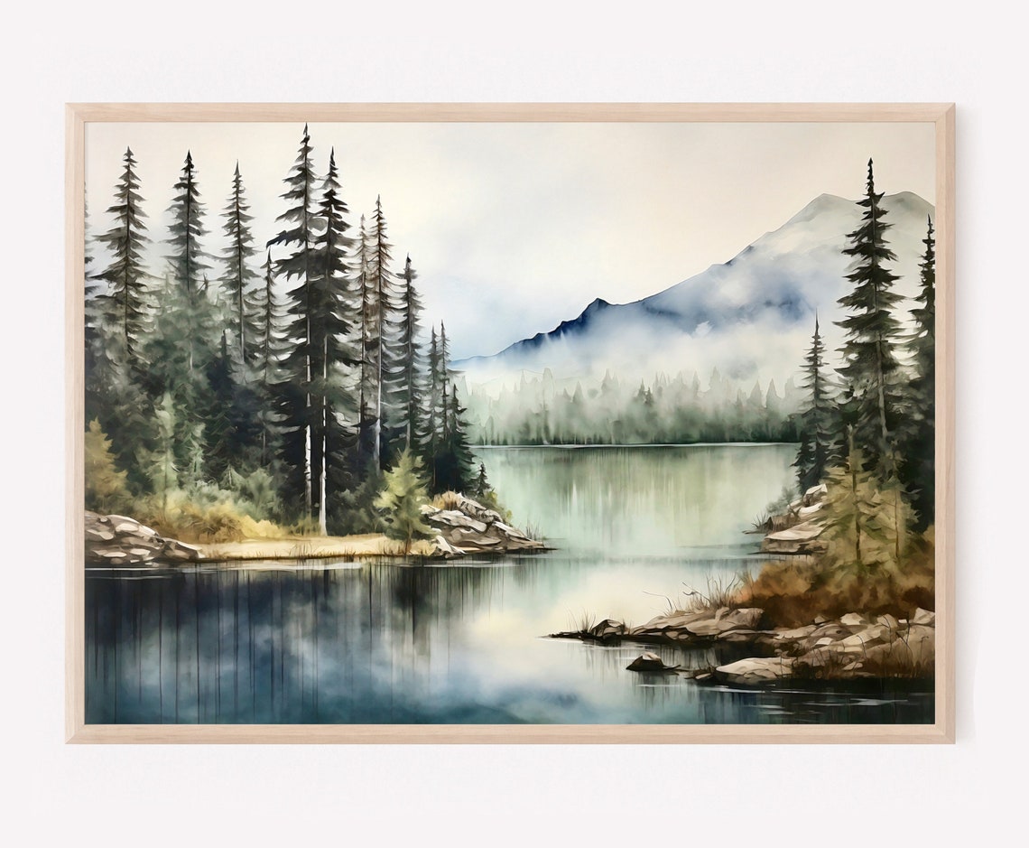 Misty Lake Pine Trees Mountain Haze Watercolor Serene Art Print