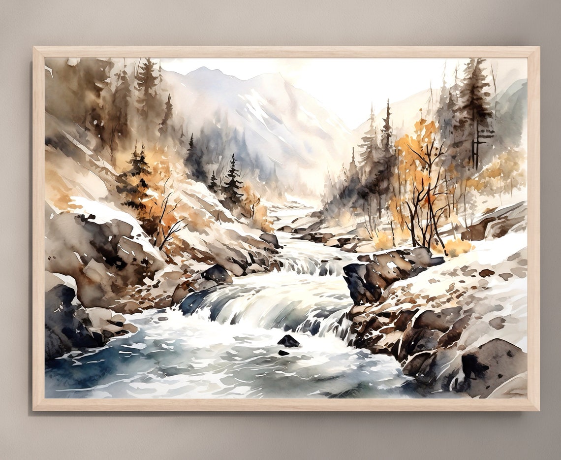Winter Mountain Rapids Snowy Creek Watercolor Art Scene Poster - Image 2