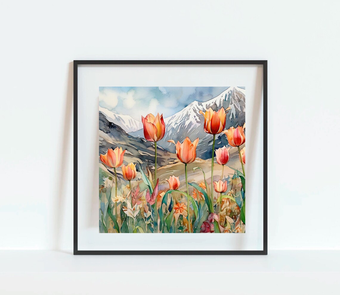 Orange Tulips Blooming Field Snowy Mountain Backdrop Watercolor Poster - Image 2