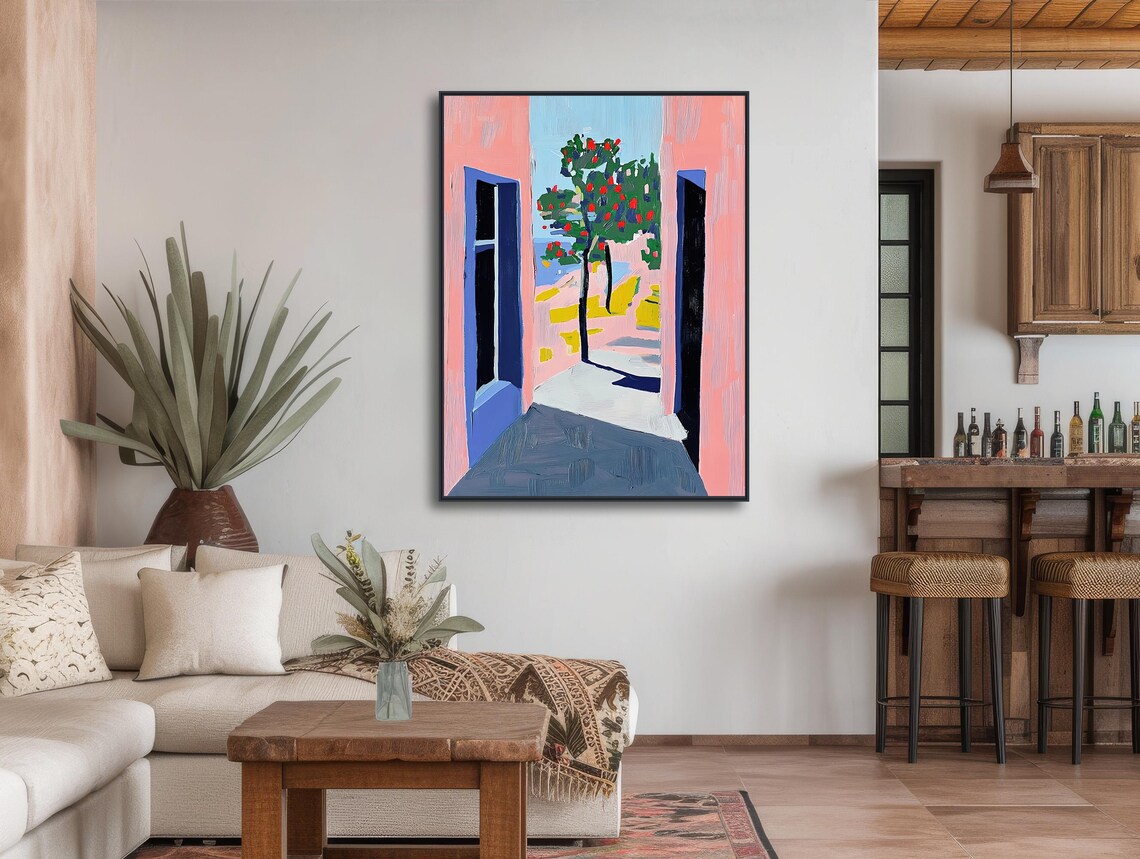Mediterranean Coastal Alley Painting Pink Walls Blue Doors Sea Poster - Image 3