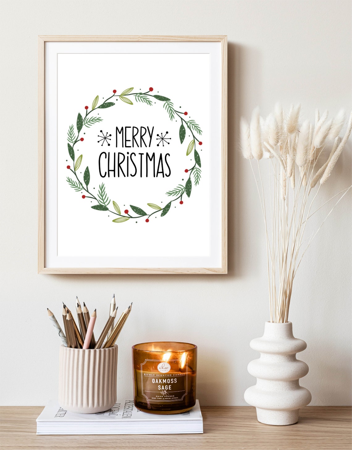 Merry Christmas Botanical Wreath Red Berries Holiday Art Poster - Image 3