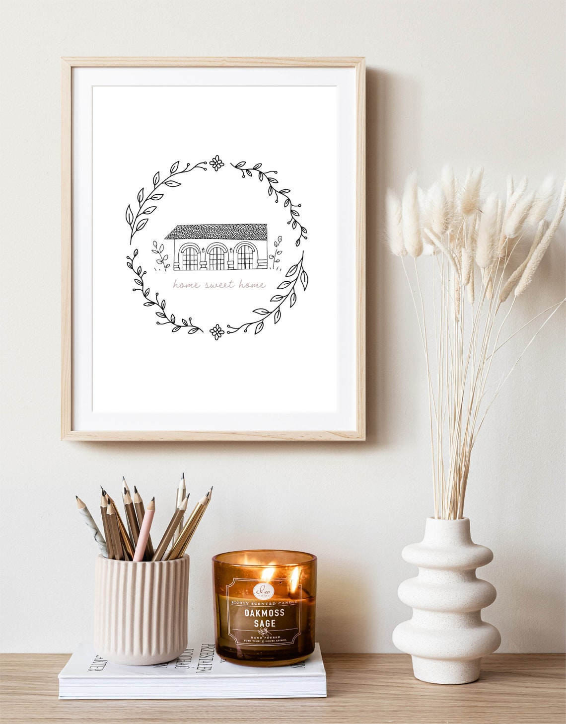 Home Sweet Home Script With House Line Art Wreath Art Poster - Image 3