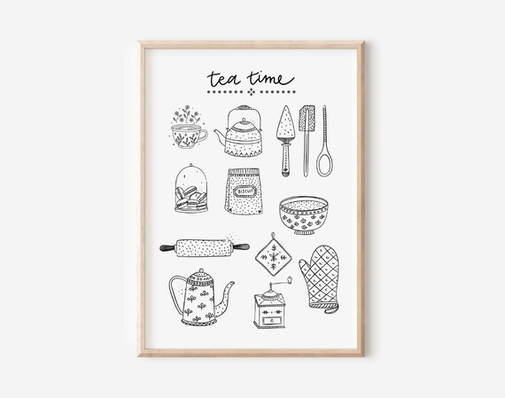 Tea Time Illustrated Kitchen Tools Line Art Black and White Poster