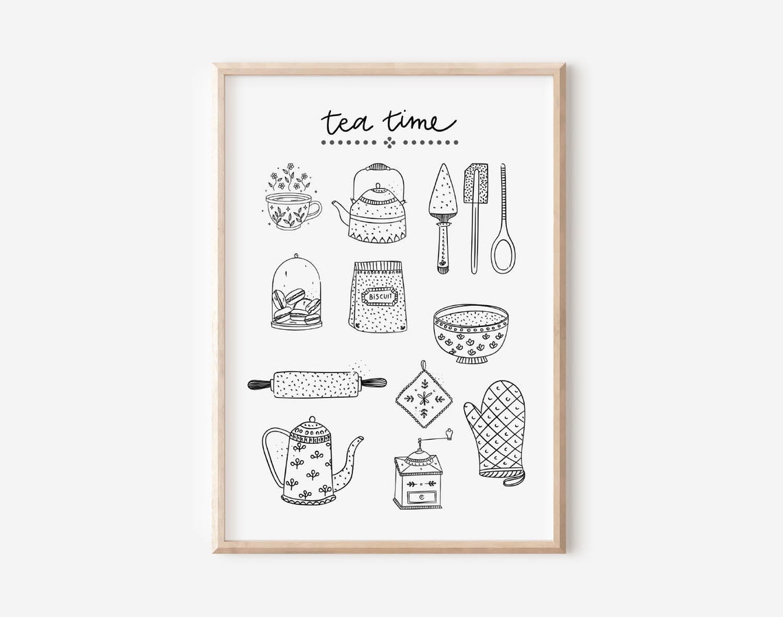 Tea Time Illustrated Kitchen Tools Line Art Black and White Poster