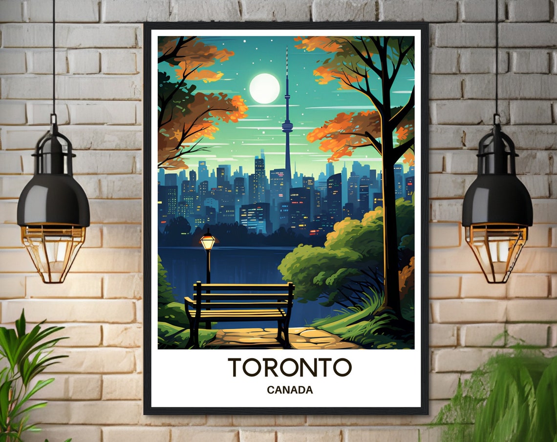 Beautiful Retro Toronto Night Skyline CN Tower Moonlit Poster - Image 3
