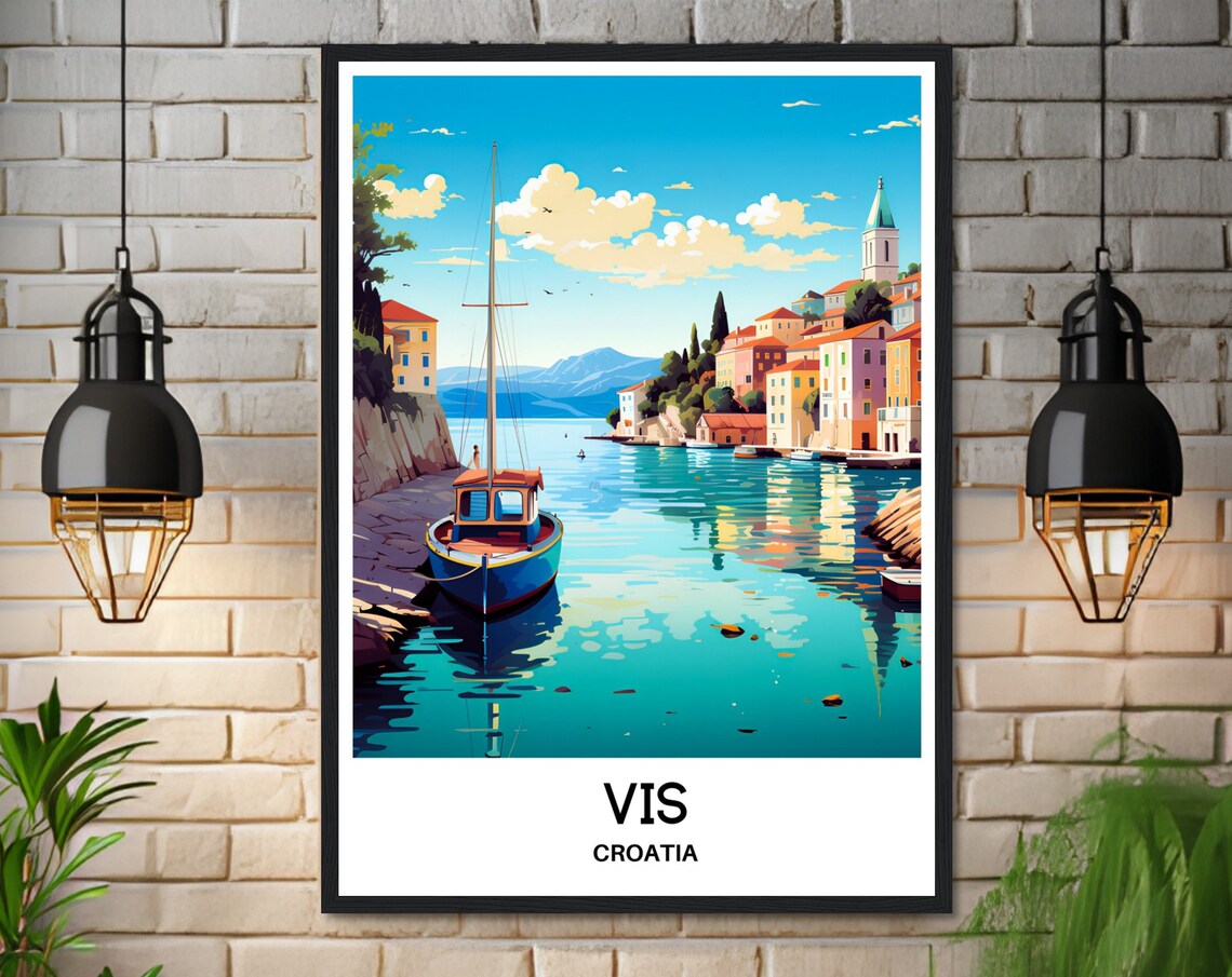 Vis Croatia Harbor Fishing Boat Colorful Old Town Travel Poster - Image 3
