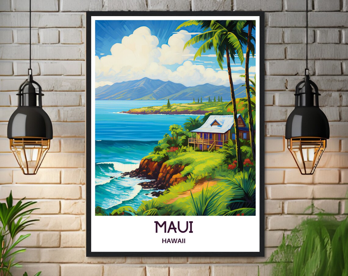 Maui Hawaii Beach House Ocean Cliff Palm Paradise Travel Poster - Image 3
