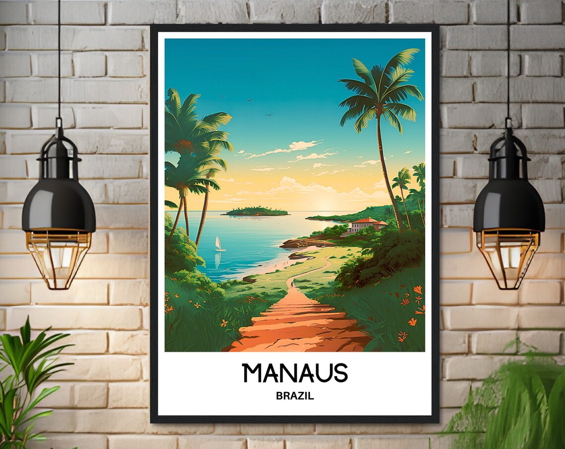 Manaus Brazil Tropical Beach Palm Trees Sunset Travel Poster - Image 3