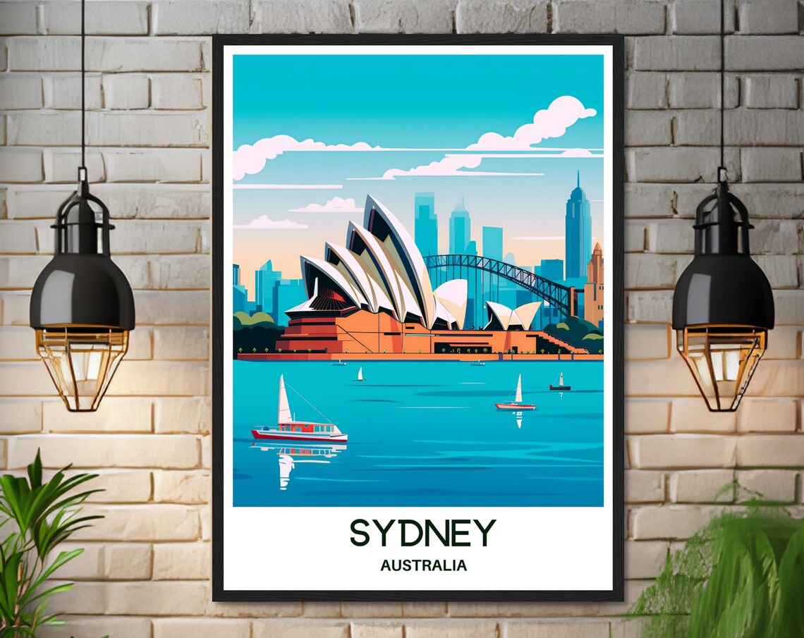 Sydney Opera House Harbour Bridge Sailboats Retro Travel Poster - Image 3