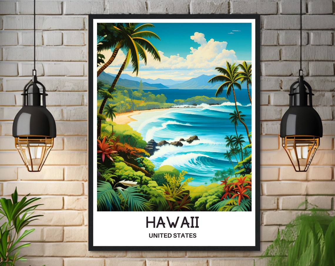 Hawaii Surf Beach Palm Trees Curling Ocean Waves Travel Poster - Image 3
