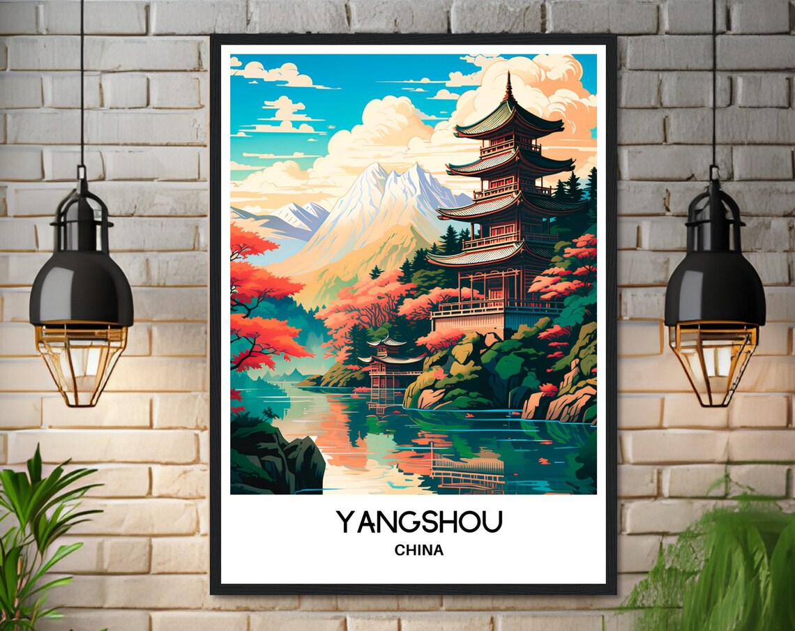 Yangshou China Red Pagoda Lake Autumn Mountains Travel Poster - Image 3