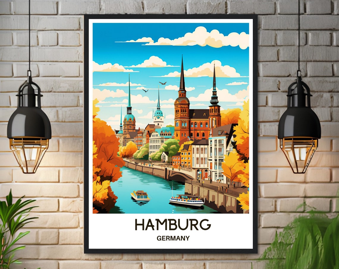 Hamburg Germany Riverfront Churches Autumn View Travel Poster - Image 3