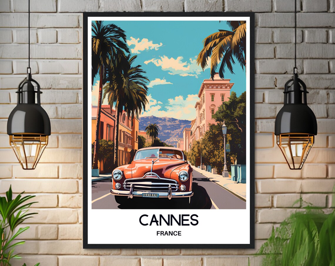 Cannes France Retro Red Vintage Car on Palm Lined Street Poster - Image 3