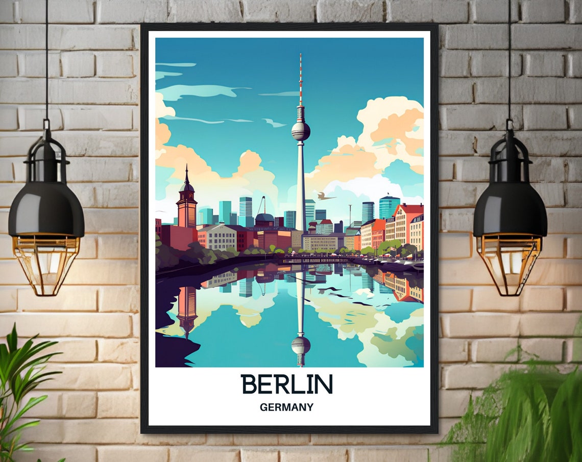 Berlin Germany TV Tower Reflection River Skyline Scene Travel Poster - Image 3