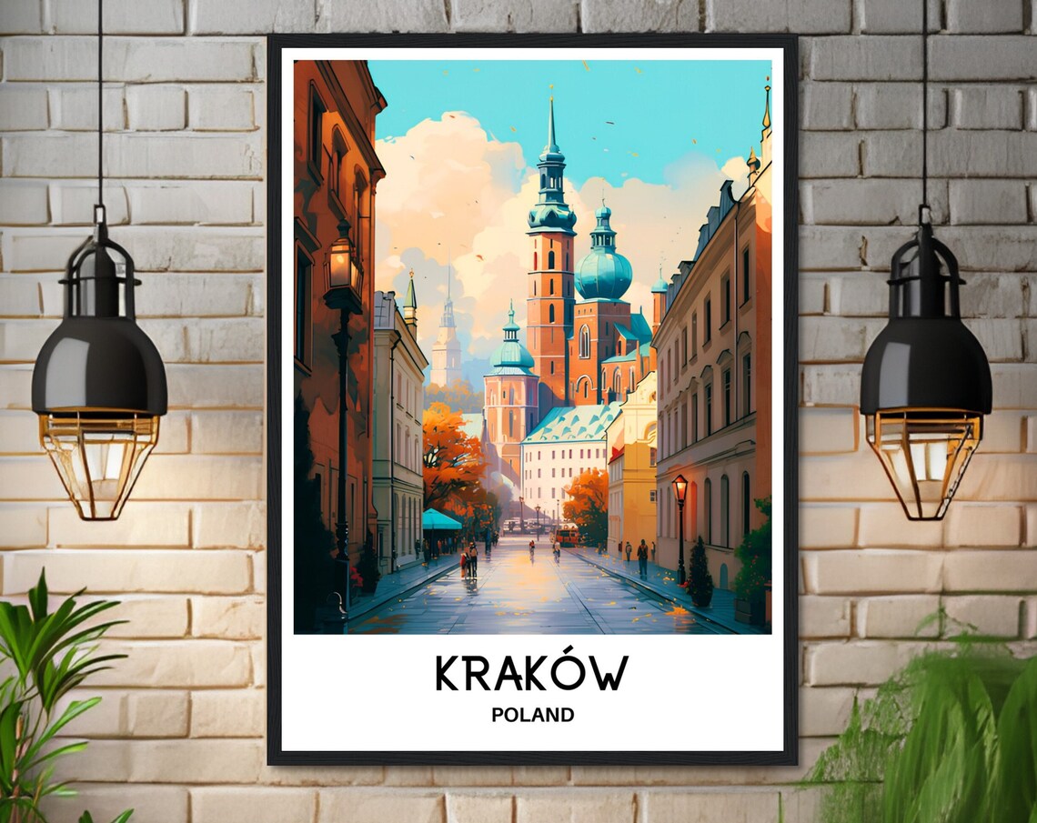 Krakow Poland Old Town Street Twin Church Towers Travel Poster - Image 3