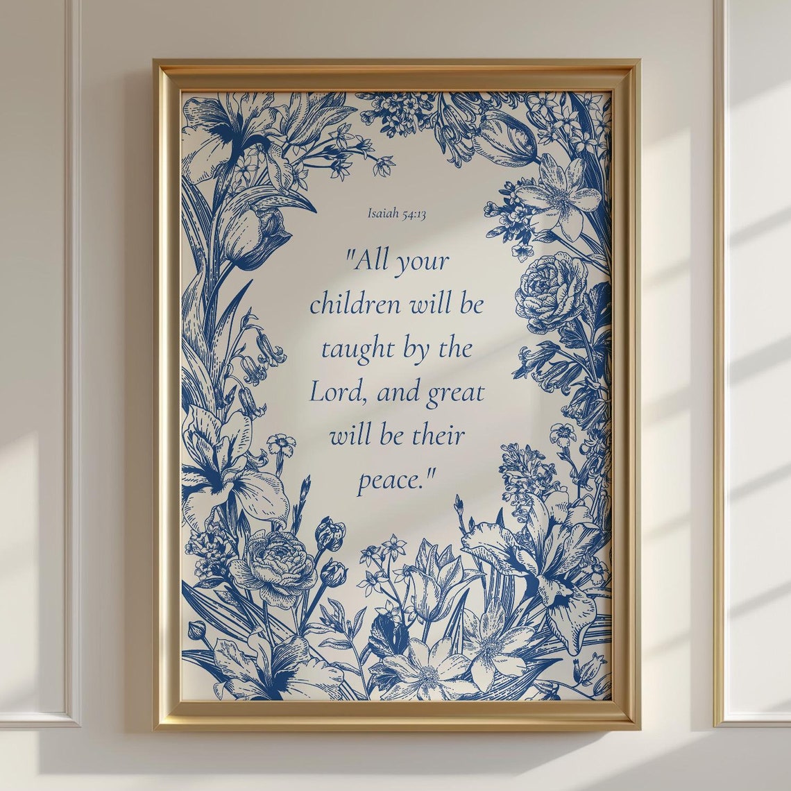Isaiah 54 13 Blue Botanical Floral Scripture Quote Peace Print
