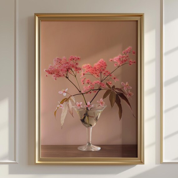 Pink Blossom Branch Glass Vase Minimalist Botanical Photography Art Poster