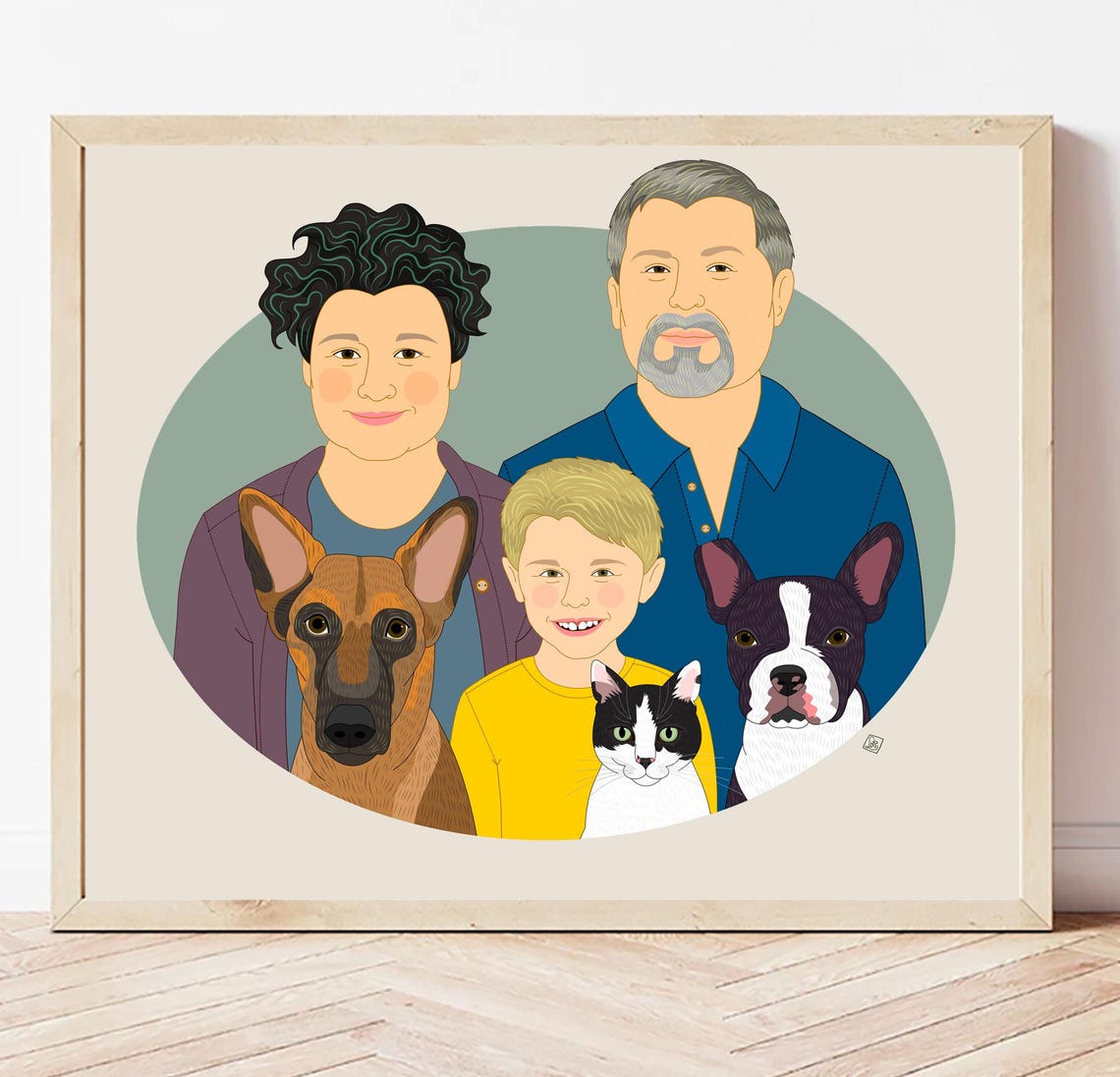 Family of Five Modern Custom Illustrated Family Portrait Poster - Image 3
