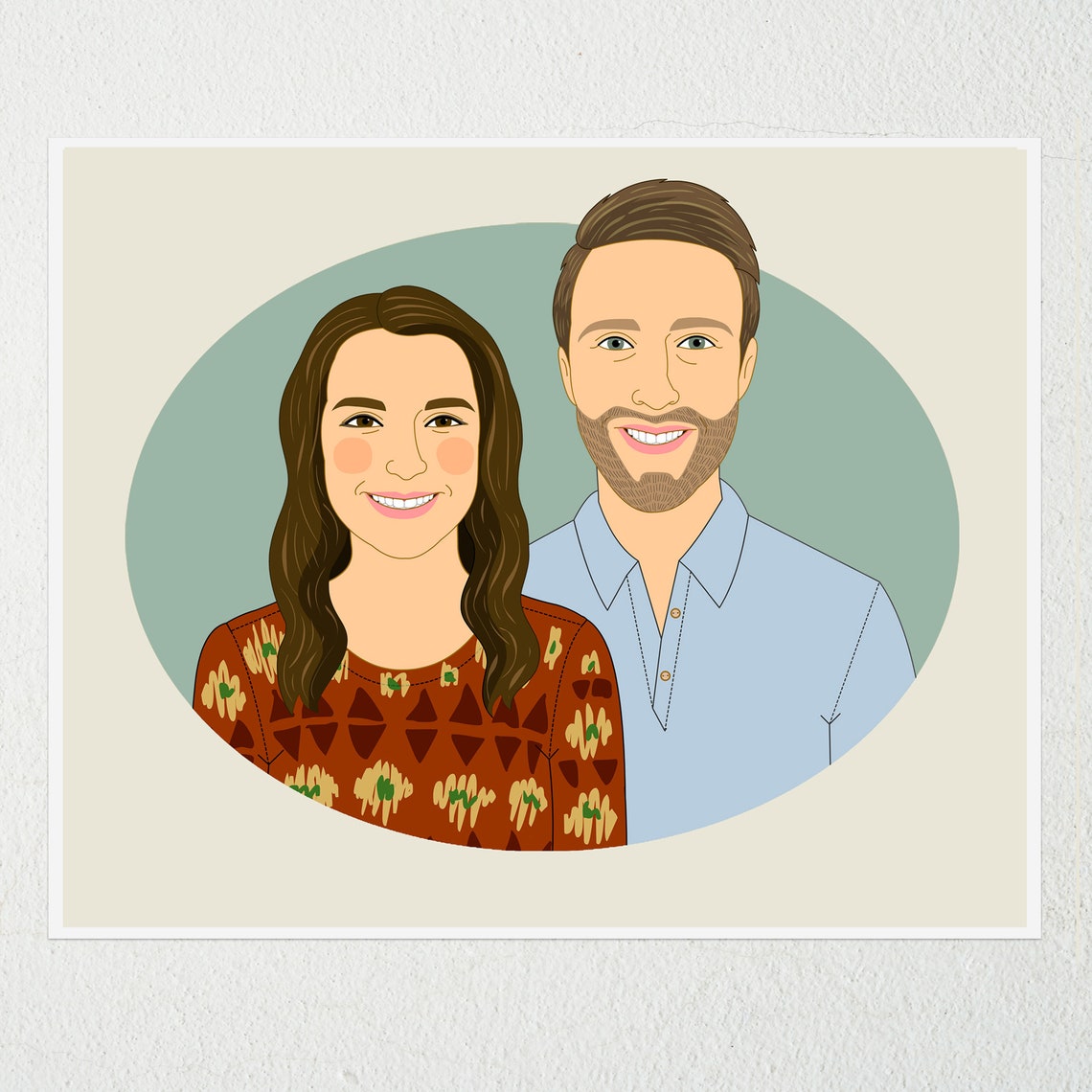 Bearded Couple Smiling Custom Illustrated Couple Portrait Poster - Image 2