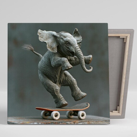 Baby Elephant Skateboarding Orange Board Trick Grey Minimalist Art Poster