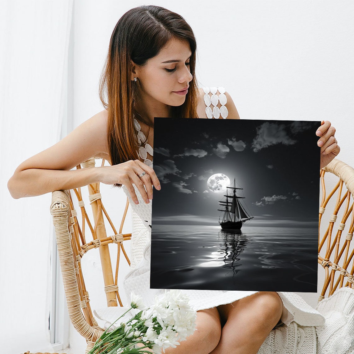 Tall Sailing Ship Under Full Moonlight On Calm Ocean Night Poster - Image 3