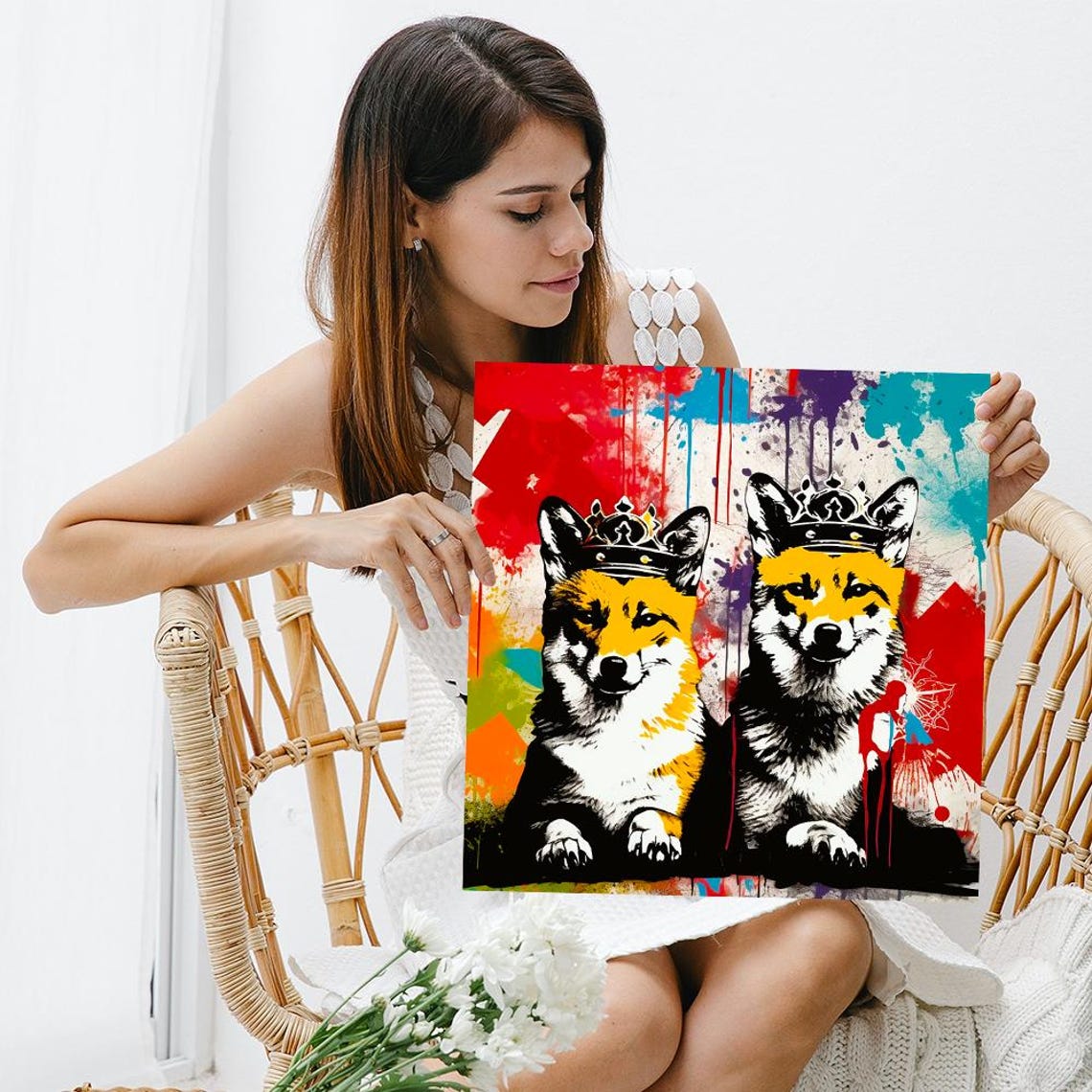 Two Crowned Foxes Graffiti Pop Style Bold Animal Portrait Poster - Image 3