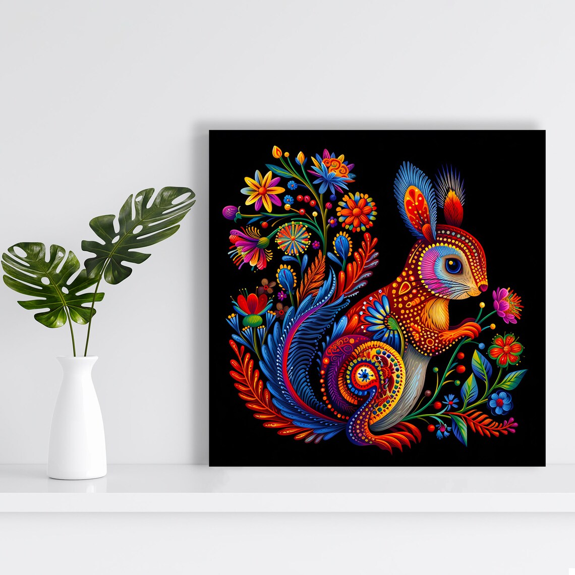 Floral Bunny Mandala Poster Vibrant Flowers On Black Fantasy Rabbit Print - Image 2
